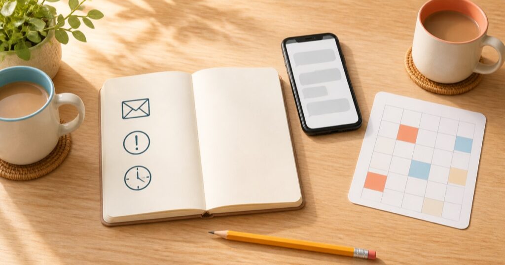 家族への連絡内容と返信期限をノートやスマートフォンで整理する机上の様子